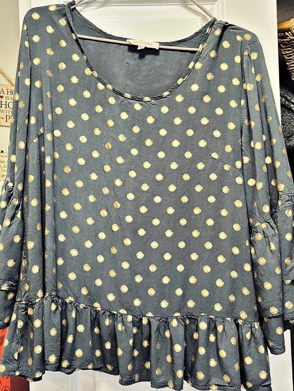 Solide London Polka Dot Ruffle Hem Blouse in Gray & Gold